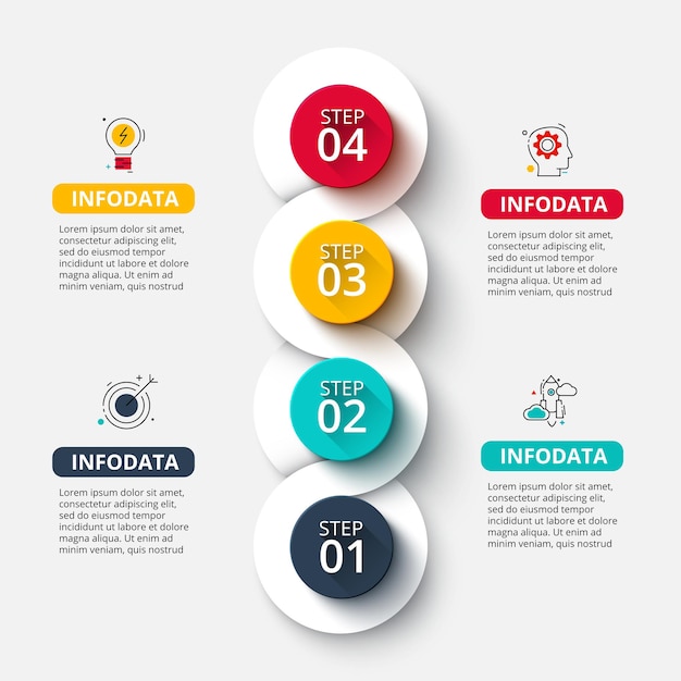 Presentación de diapositivas de infografía. concepto de visualización de proyectos empresariales con 4 opciones o pasos.