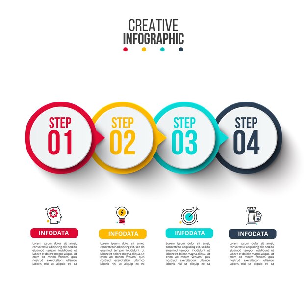 Presentación de diapositivas de infografía. Concepto de visualización de proyectos empresariales con 4 opciones o pasos.