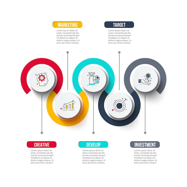 Presentación de diapositivas de infografía. Concepto de visualización de proyectos empresariales con 5 opciones o pasos.