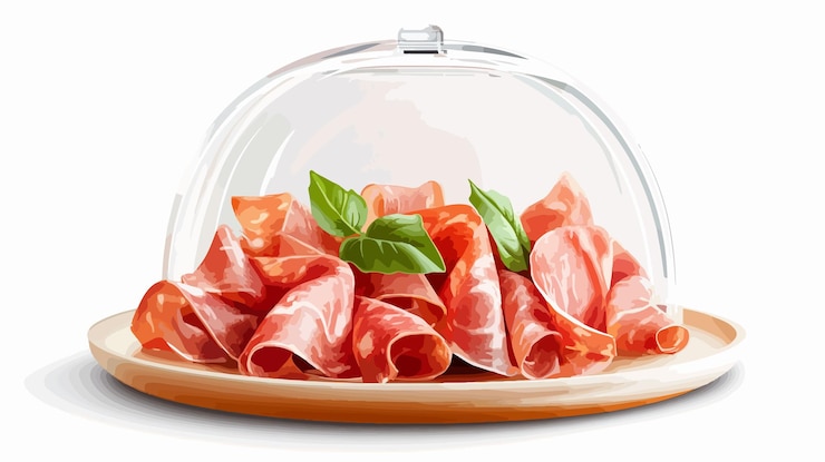 Vector presentación elegante de prosciutto en una mesa de servicio moderna