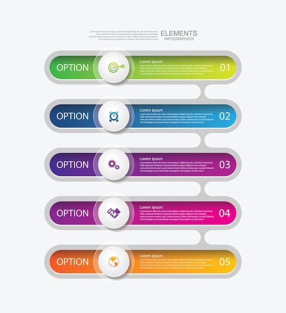 Presentación de elementos de infografía empresarial coloridos con 5 pasos
