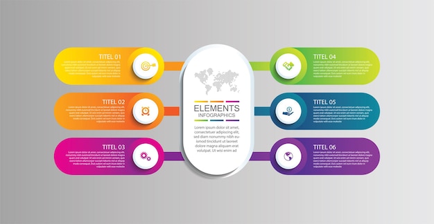 Presentación de elementos de infografía empresarial coloridos con seis pasos