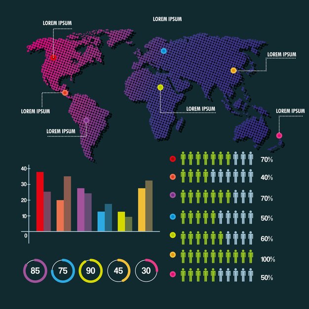 Vector presentación de estadísticas demográficas de infografía de mapa mundial