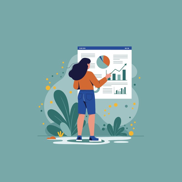 Vector presentación de gráficos y gráficos mujer que explica el análisis de datos y las tendencias de crecimiento