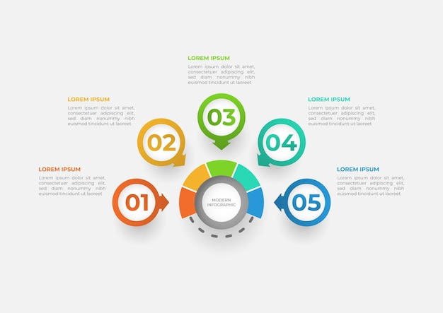 Presentación de infografía empresarial con cinco secciones.