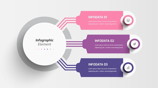 Presentación infográfica de business central circle con etiqueta de 3 círculos, opción e icono