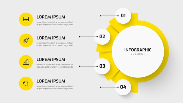 Vector presentación infográfica de business central circle con número e icono de 4 círculos de color amarillo