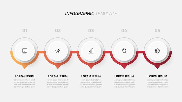 Vector presentación infográfica de línea de tiempo de negocios con número e icono de etiqueta de círculo de color degradado 5