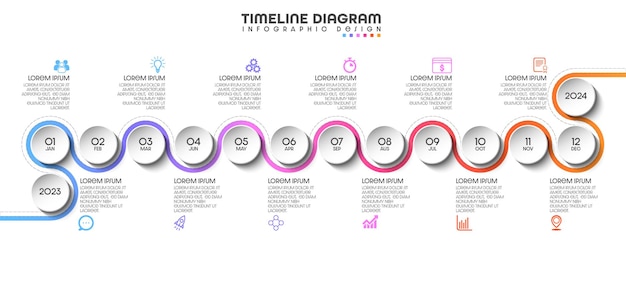 Presentación de línea de tiempo creativa para 1 año 12 meses vector de diseño de línea de tiempo infográfico