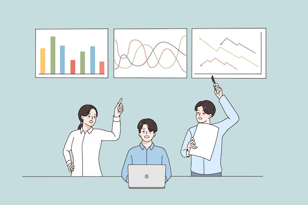 Presentación de marketing y concepto de desarrollo Jóvenes colegas positivos que hacen la presentación de datos de desarrollo de estrategias sintiéndose alegres como ilustración del equipo