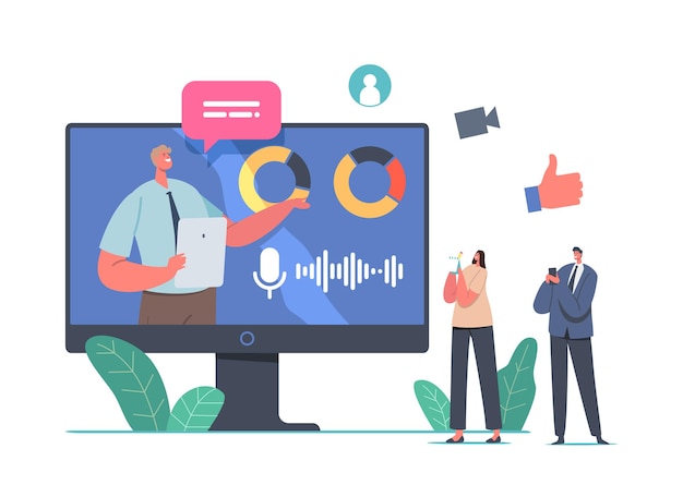 Presentación de negocios en línea, personajes en capacitación o seminario en la oficina, asesor financiero virtual, análisis de datos, tablas y gráficos estadísticos. Ilustración de Vector de gente de dibujos animados