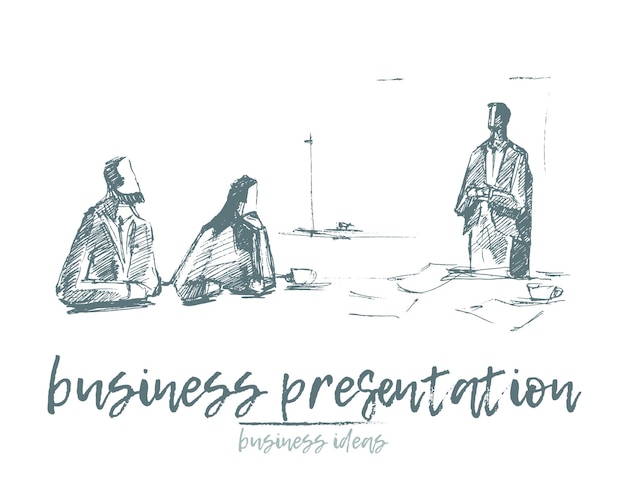 Presentación de negocios, reunión, trabajo en equipo, colaboración, ilustración de vector de concepto