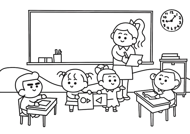 Presentación de los niños en la sala de clases de estilo de páginas para colorear