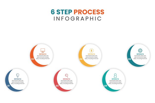 Presentación de plantilla de infografía empresarial con iconos y diseño de flujo de trabajo de 6 opciones o pasos