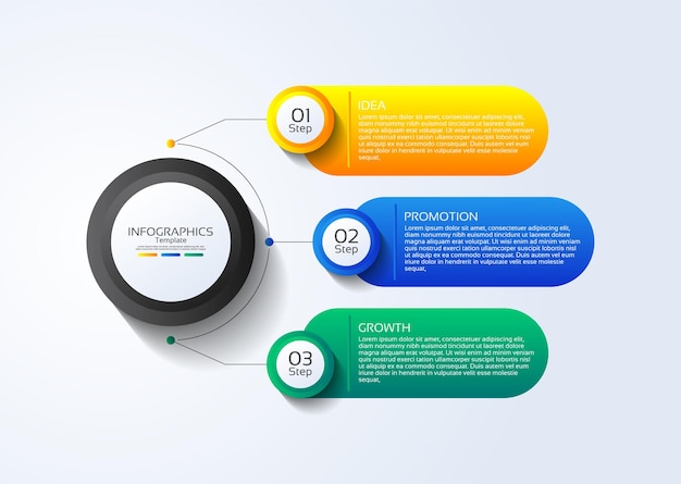 Presentación plantilla de infografía empresarial con tres pasos.