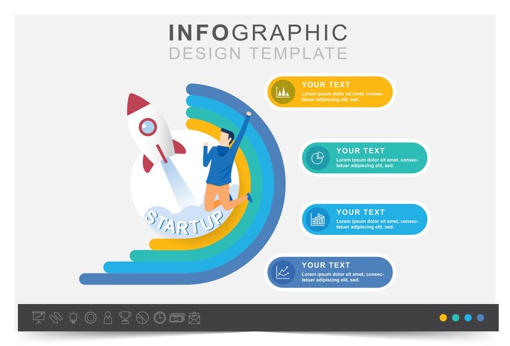 Vector presentación de plantilla infográfica ideas de puesta en marcha para negocios y conjunto de iconos