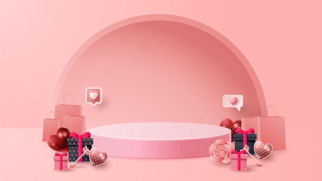 Presentación del producto de podio 3D del día de San Valentín para banner, publicidad y negocios. ilustración vectorial