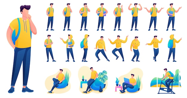 Presentación en varias poses y acciones de carácter. Jóvenes. Ilustración de vector de personaje plano 2D N3.