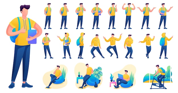 Presentación en varias poses y acciones de carácter. Jóvenes. Ilustración de vector de personaje plano 2D N4.
