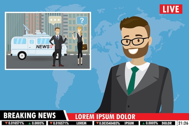 Vector el presentador de noticias masculino europeo en la televisión, las últimas noticias, el fondo, la ilustración vectorial.