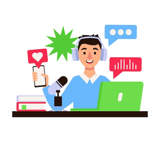 Presentador de podcast Un tipo con auriculares se sienta en una mesa con una computadora portátil y un micrófono Programa de radio