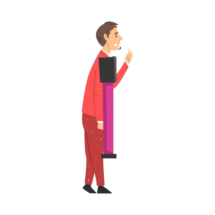 Vector presentador de un programa de juegos de televisión haciendo preguntas a los jugadores en un cuestionario juego intelectual ilustración vectorial al estilo de dibujos animados