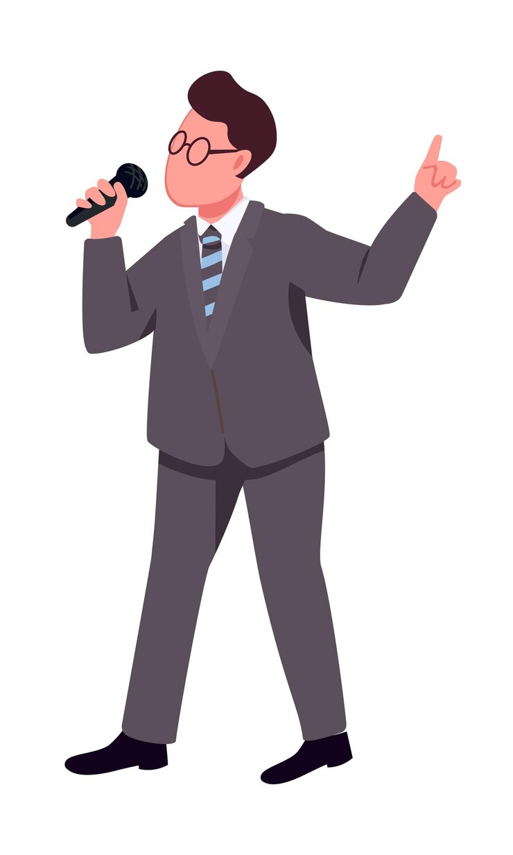 Presentador de televisión masculino con carácter de vector de color semi plano de micrófono de mano