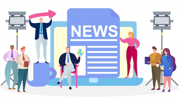 Presentadores de noticias de medios de televisión, ilustración. Periodista, personaje de periodista en concepto de estudio, entrevista de difusión.