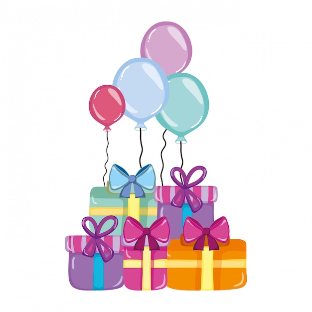 Presentar cajas con globos fiesta de cumpleaños celebración.