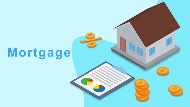 Préstamo hipotecario inmobiliario y concepto de hipoteca inmobiliaria con construcción de casa y pila de monedas