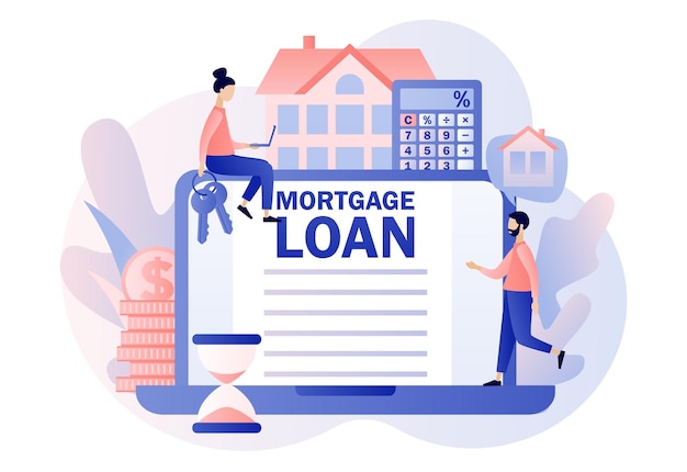 Préstamo hipotecario en línea Concepto de casa Pequeñas personas que compran una casa y pagan crédito al banco usan una computadora portátil