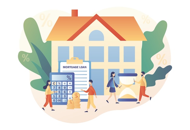 Préstamo de vivienda Concepto de hipoteca Dinero de inversión en bienes raíces Gente diminuta comprando casa
