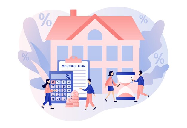Préstamo de vivienda Concepto de hipoteca Gente diminuta que compra una casa y paga crédito al banco Dinero de inversión