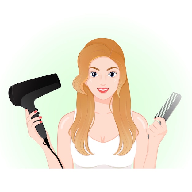 Vector pretty american girl sonriendo sosteniendo secador de pelo y peine concepto de cuidado del cabello tratamiento del cabello