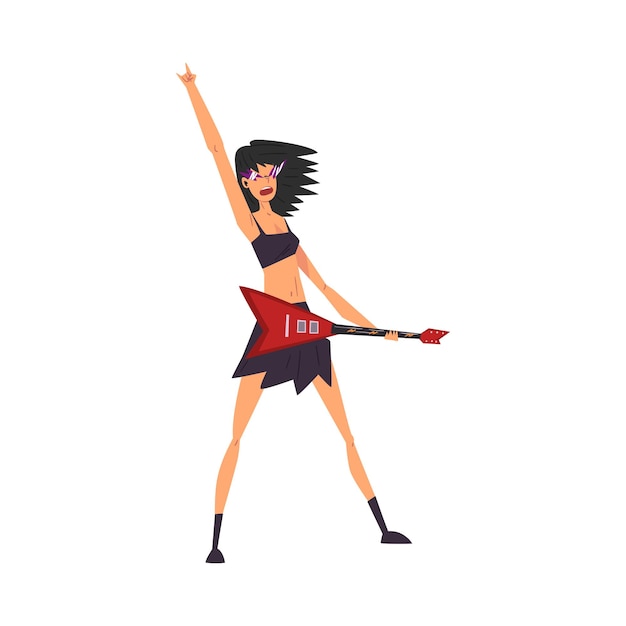 Pretty Girl Rock Star tocando la guitarra eléctrica Ilustración vectorial