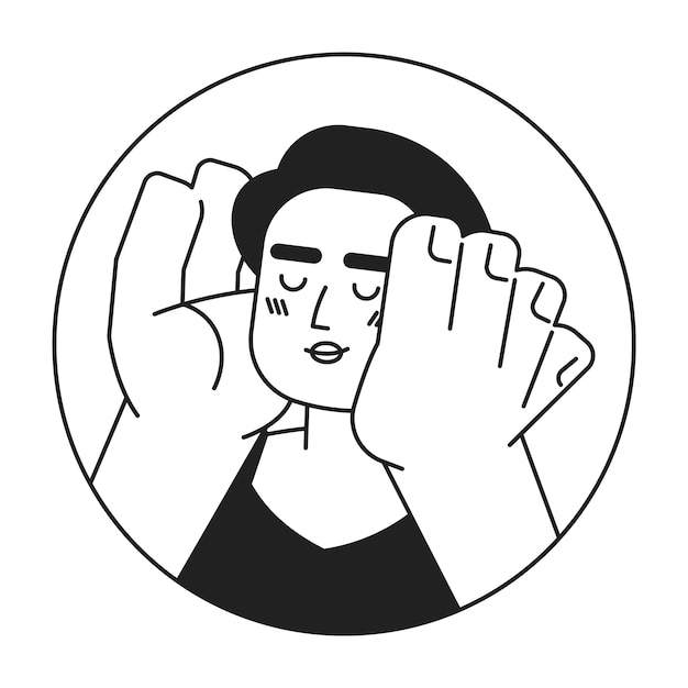 Pretty latina manos en las mejillas sonriendo negro y blanco 2D vector avatar ilustración adulta mujer hispana ventosas cara feliz contorno cara de personaje de dibujos animados aislado en el amor imagen de perfil de usuario plana