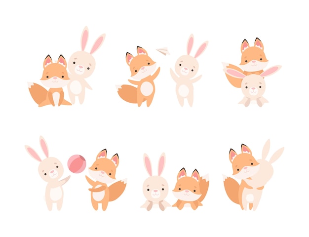 Pretty Little Bunny y Fox Cub jugando juntos como mejores amigos Conjunto vectorial