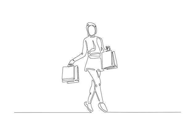 Pretty woman holding shopping paper bags in continuous one line drawing