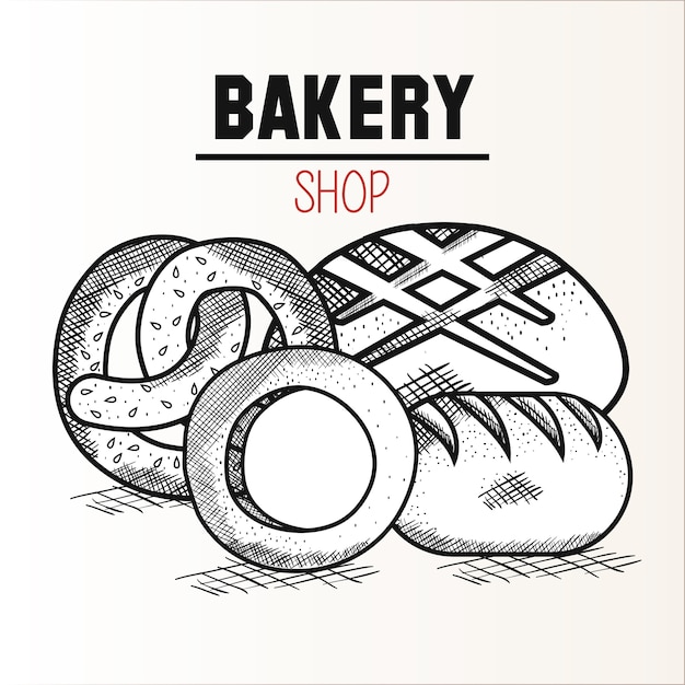 El pretzel y el pan dibujados mano con la panadería firman sobre el fondo blanco. Ilustración vectorial