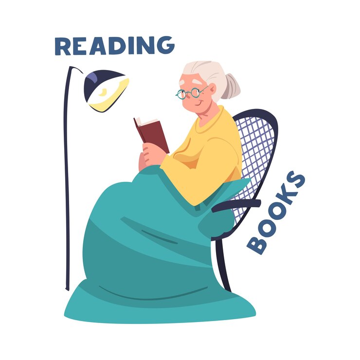 Vector prevención con anciana de cabello gris sentada en un sillón y leyendo un libro ilustración vectorial de alzheimer