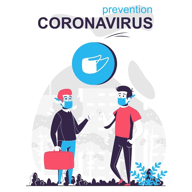 Prevención concepto de dibujos animados aislados de coronavirus Hombres con máscaras médicas hablan en un lugar público