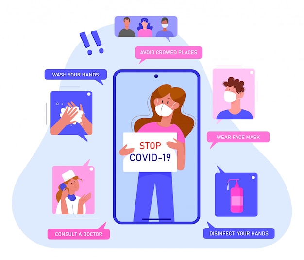 Vector prevención coronavirus enfermedad infografía concepto plano ilustración. información de advertencia para prevenir la infección de covid 19. lávese las manos, evite las multitudes, use una máscara, desinfecte las manos, consulte al médico.