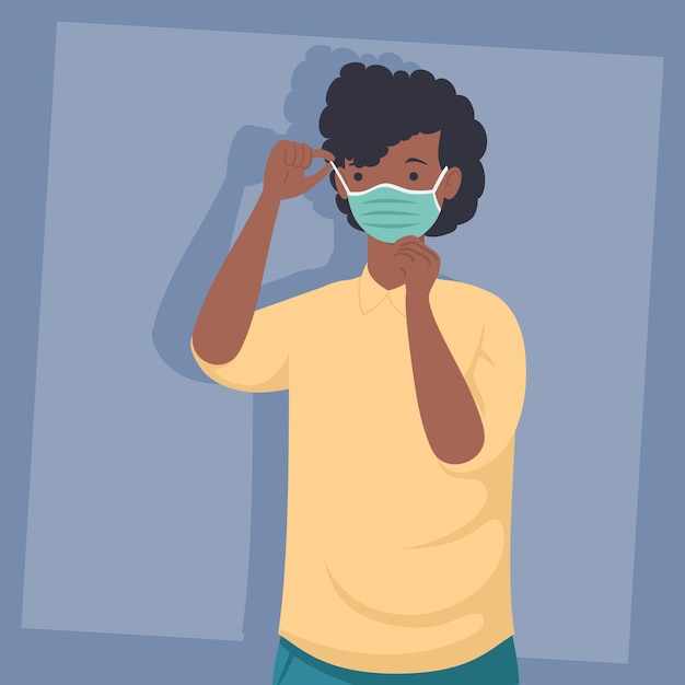 Prevención covid, hombre afro con máscara médica icono aislado diseño de ilustración