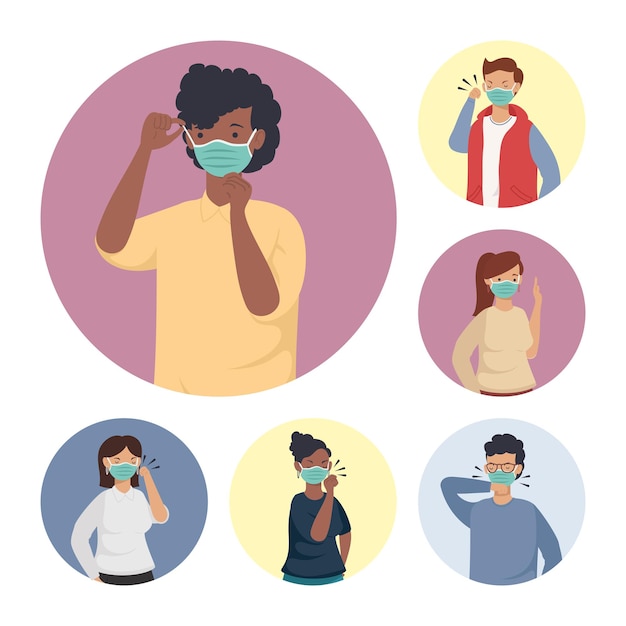 Prevención de covid, personas con diseño de ilustración de máscara médica facial