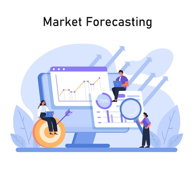 Las previsiones de mercado en el enfoque de los profesionales estudian las tendencias del mercado en una pantalla gigante analizando el futuro