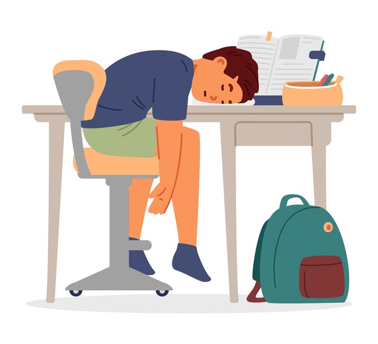 Vector primary school boy fell asleep at desk during studying and making homework at home
