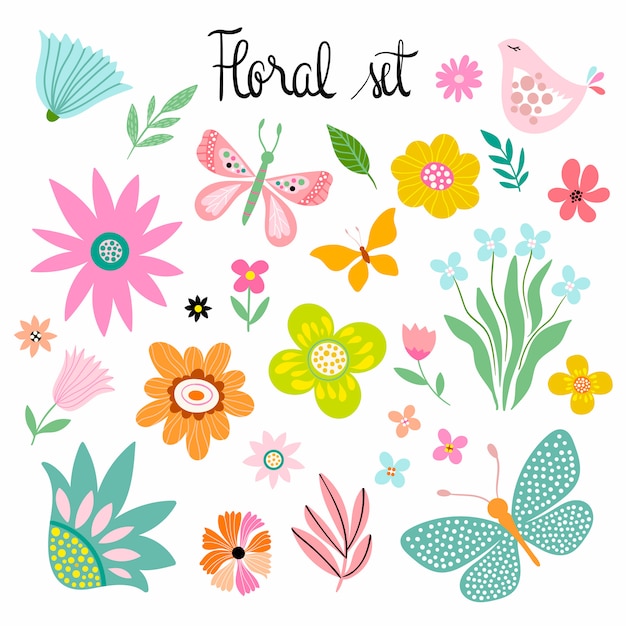 Vector primavera - colección de verano con flores decorativas dibujadas a mano, mariposas y pájaros