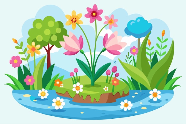 Vector la primavera encantadora con flores sobre un fondo blanco