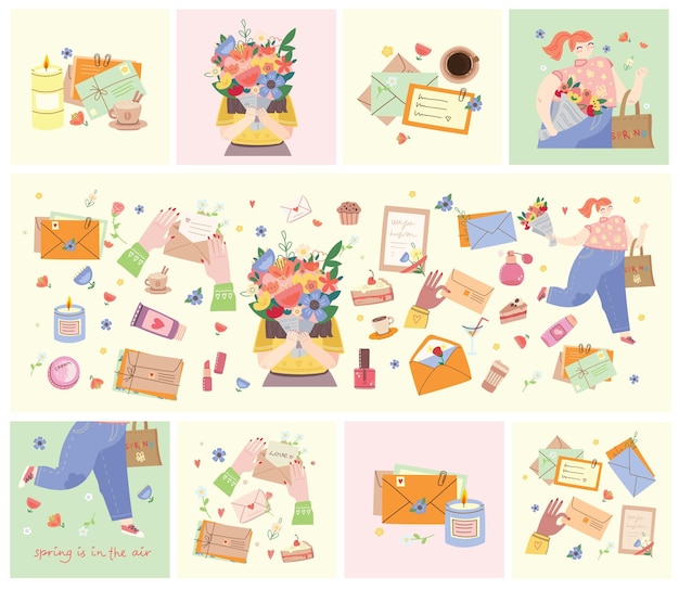 La primavera está en el aire Linda chica sosteniendo un ramo de flores Vector stock ilustración Diseño para las vacaciones del diario de cumpleaños de primavera