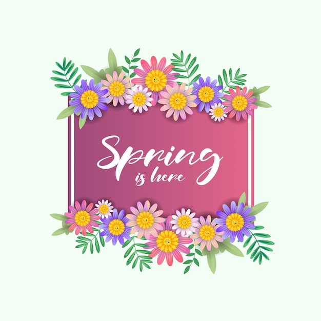 La primavera está aquí texto con marco de hermosas flores